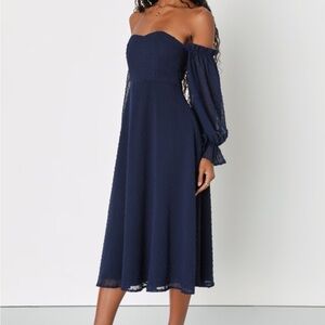 Women’s Lulu’s Navy Blue Dot Off the Shoulder Midi Dress